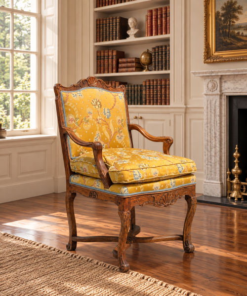 18TH CENTURY FRENCH WALNUT UPHOLSTERED ARMCHAIR, C1790