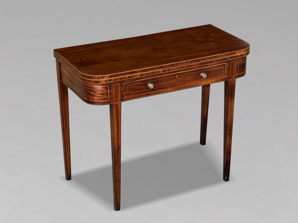 18TH CENTURY GEORGE III MAHOGANY INLAID FOLD-OVER TEA TABLE, C1780