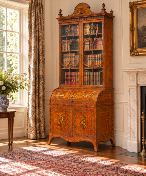 18TH CENTURY GEORGE III PERIOD INLAID SATINWOOD BUREAU BOOKCASE, C1770