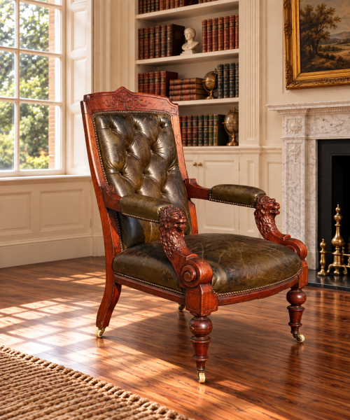 19TH CENTURY ARTS & CRAFTS CARVED WALNUT LEATHER LIBRARY ARMCHAIR,