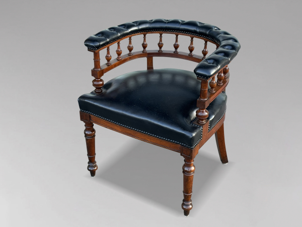 SOLD/19TH CENTURY BLACK LEATHER MAHOGANY CAPTAIN'S DESK ARMCHAIR