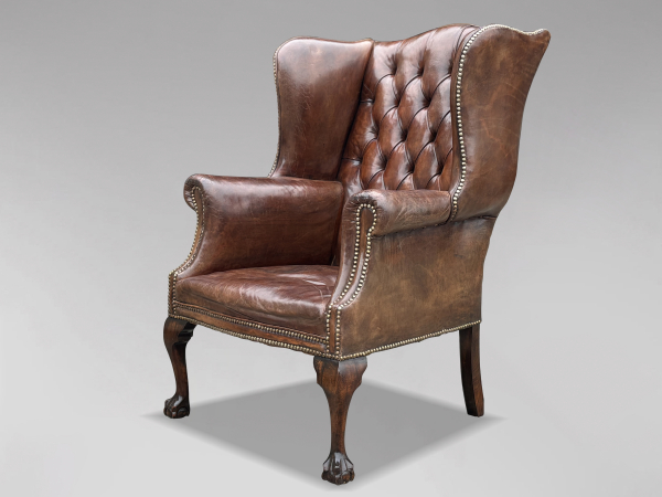19TH CENTURY BROWN LEATHER BUTTON WING ARMCHAIR, C1860