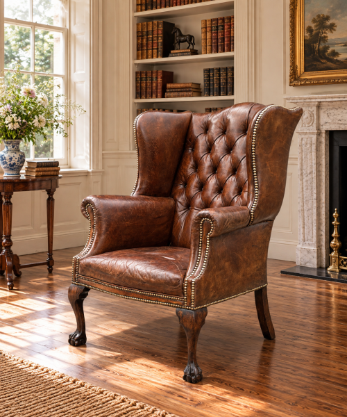 19TH CENTURY BROWN LEATHER BUTTON WING ARMCHAIR, C1860