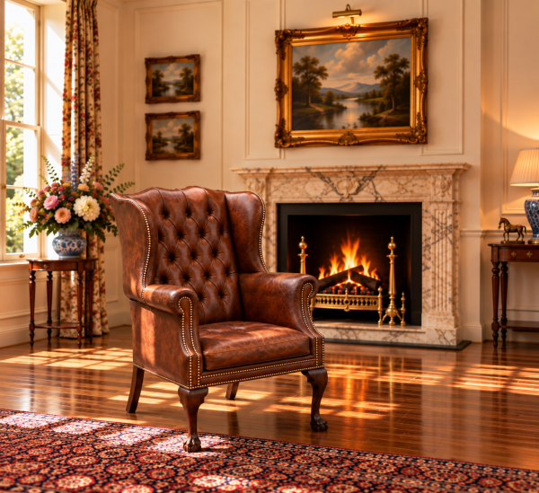 19TH CENTURY BROWN LEATHER BUTTON WING ARMCHAIR, C1860