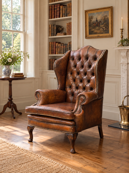19TH CENTURY BROWN LEATHER BUTTON WING ARMCHAIR, C1890