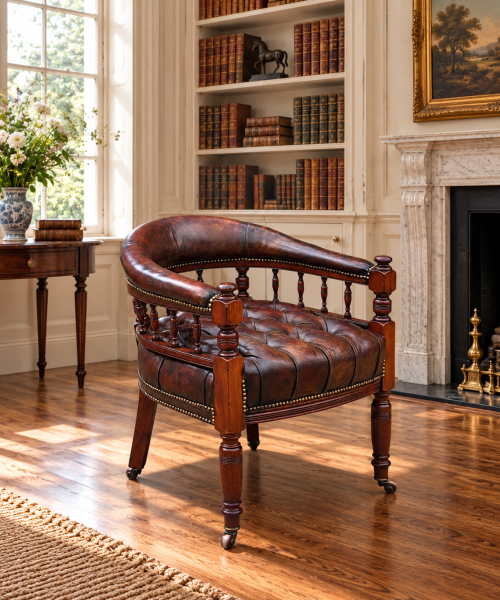 19TH CENTURY BROWN LEATHER MAHOGANY CAPTAIN'S DESK ARMCHAIR