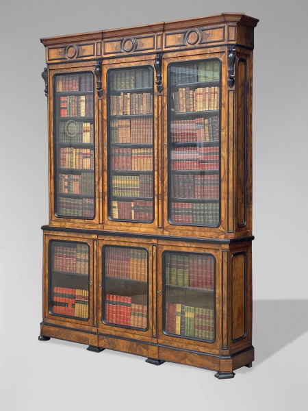 19TH CENTURY FRENCH WALNUT & EBONY LIBRARY BOOKCASE, C1860