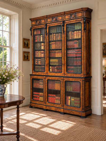 19TH CENTURY FRENCH WALNUT & EBONY LIBRARY BOOKCASE, C1860