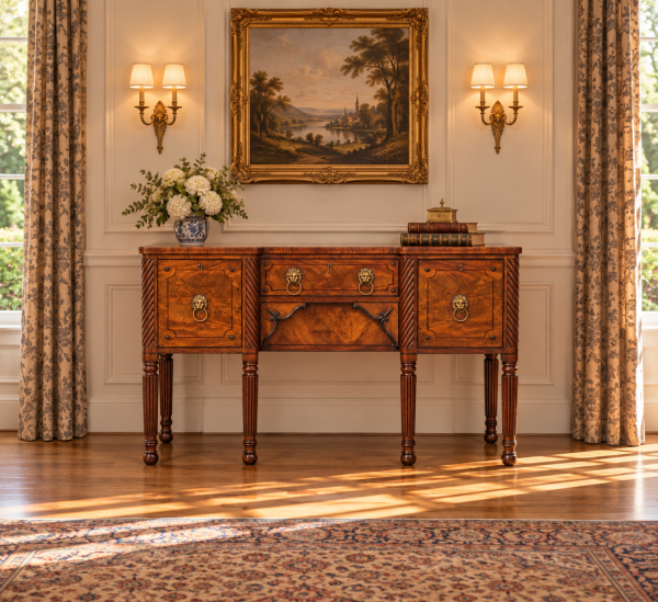 19TH CENTURY GEORGE IV MAHOGANY EBONY BREAKFRONT SIDEBOARD, C1825