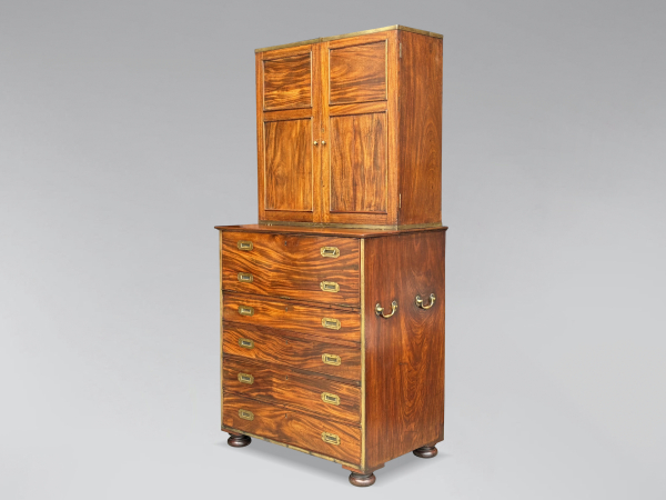 19TH CENTURY MILITARY CAMPAIGN CABINET ON SECRETAIRE CHEST, C1850