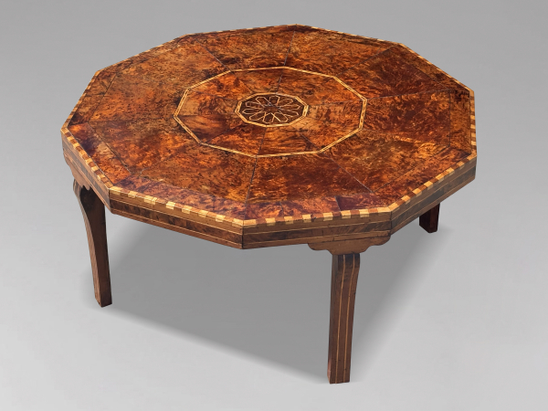 19TH CENTURY OCTAGONAL INLAID BURR YEW WOOD COFFEE TABLE, C1880