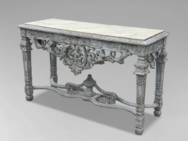 LOUIS XIV STYLE PAINTED CARVED FAUX MARBLE TOP CONSOLE TABLE, C1920