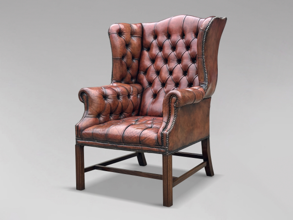 SOLD/19TH CENTURY RED BROWN LEATHER FULL BUTTON WING ARMCHAIR, C1880