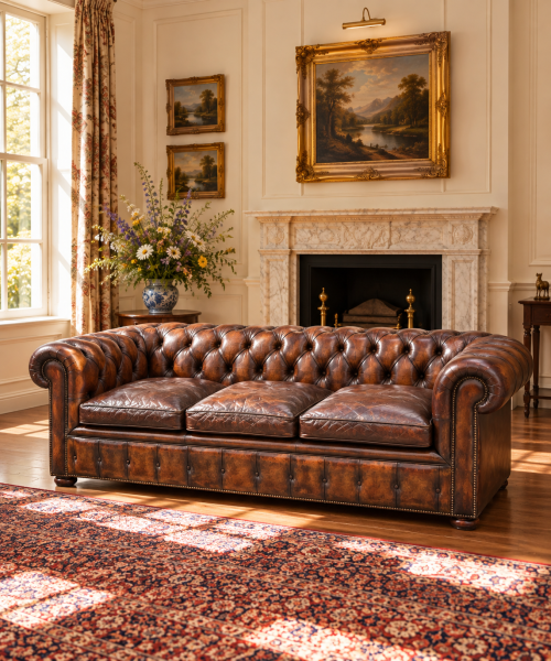 19TH CENTURY VICTORIAN BROWN LEATHER 3-SEATER CHESTERFIELD, C1880