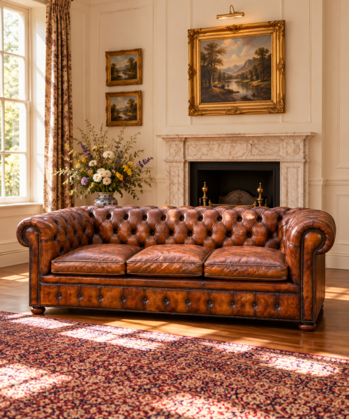 19TH CENTURY VICTORIAN BROWN LEATHER 3-SEATER CHESTERFIELD, C1880