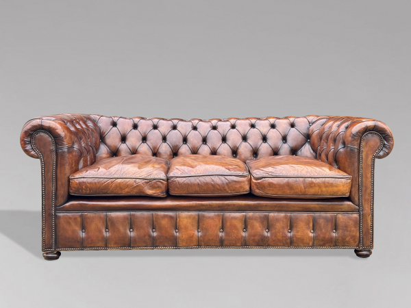 SOLD/19TH CENTURY VICTORIAN BROWN LEATHER 3-SEATER CHESTERFIELD