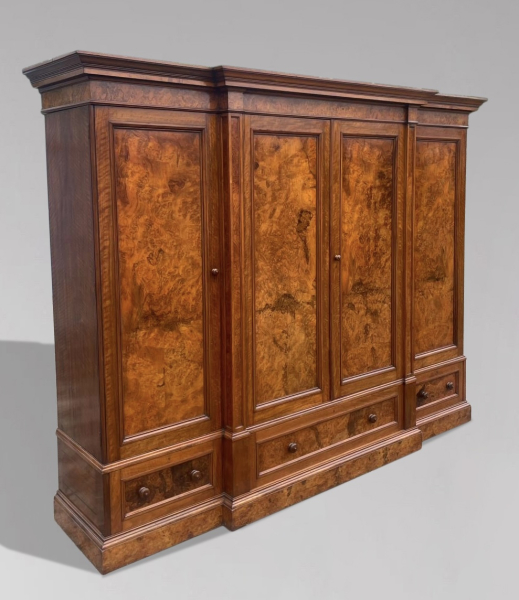SOLD/19TH CENTURY VICTORIAN BURR WALNUT 4-DOOR BREAKFRONT WARDROBE, C1
