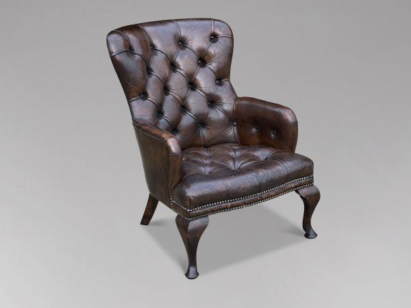 SOLD/19TH CENTURY VICTORIAN BUTTONED BROWN LEATHER READING ARMCHAIR