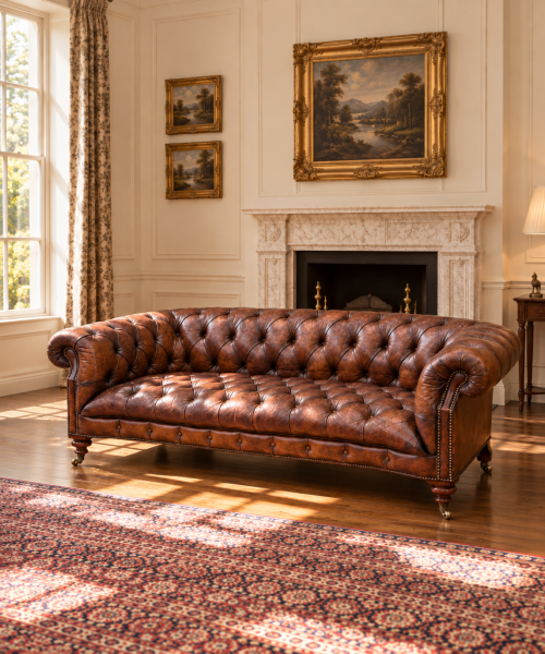 19TH CENTURY VICTORIAN PERIOD BROWN LEATHER CHESTERFIELD, C1880