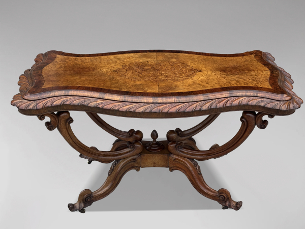 19TH CENTURY VICTORIAN PERIOD BURR WALNUT CENTRE TABLE, C1850