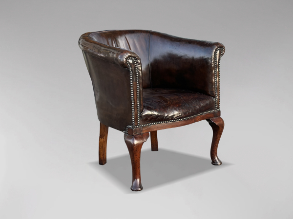 SOLD/19TH CENTURY WILLIAM IV PERIOD BROWN LEATHER TUB DESK ARMCHAIR