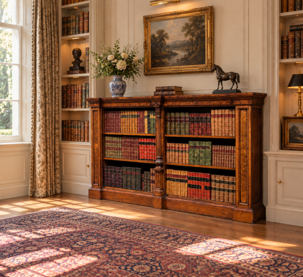 19TH CENTURY WILLIAM IV PERIOD BURR WALNUT LOW OPEN BOOKCASE, C1840