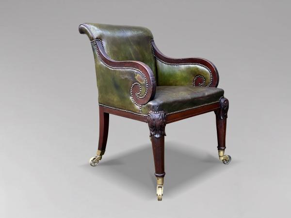SOLD/19TH CENTURY WILLIAM IV PERIOD LEATHER LIBRARY ARMCHAIR