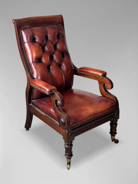 19TH CENTURY WILLIAM IV MAHOGANY & LEATHER LIBRARY ARMCHAIR, C1835