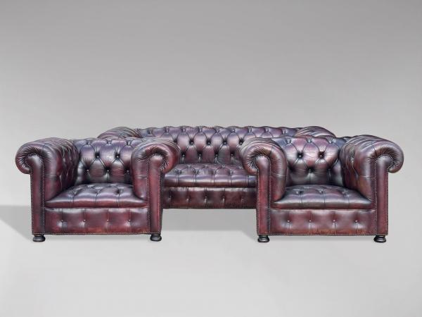 SOLD/ANTIQUE 3 PIECE BURGUNDY LEATHER CHESTERFIELD SUITE