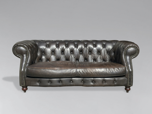 SOLD/20TH CENTURY BROWN LEATHER SERPENTINE CHESTERFIELD 