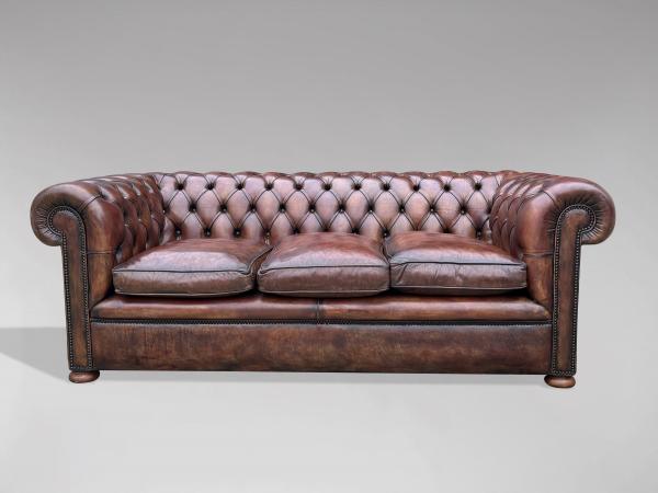 SOLD/ANTIQUE BROWN LEATHER 3 SEATER CHESTERFIELD