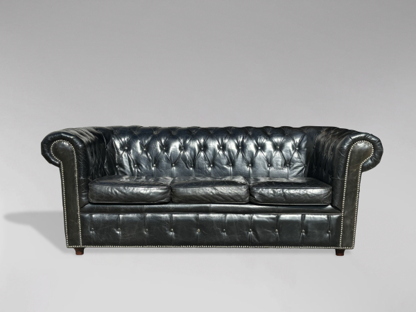 SOLD/20TH CENTURY THREE SEATER BLACK LEATHER CHESTERFIELD SOFA