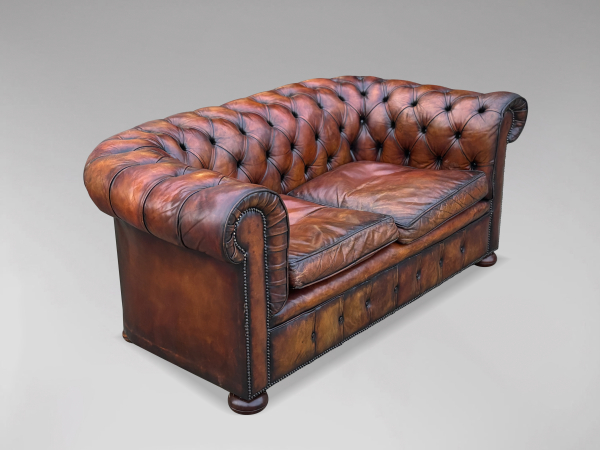 SOLD/ANTIQUE BROWN LEATHER 2 SEATER CHESTERFIELD