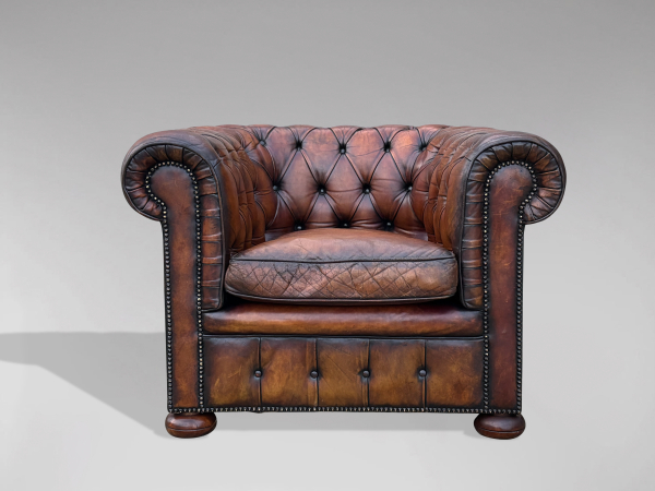 SOLD/ANTIQUE BROWN LEATHER CHESTERFIELD ARMCHAIR, C1910