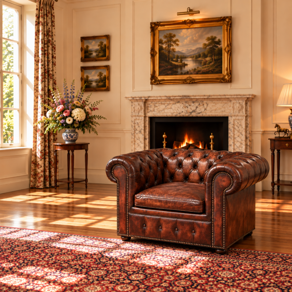ANTIQUE BROWN LEATHER CHESTERFIELD ARMCHAIR, C1910