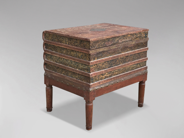 SOLD/EARLY 19TH CENTURY LEATHER FAUX BOOKS ON STAND END TABLE