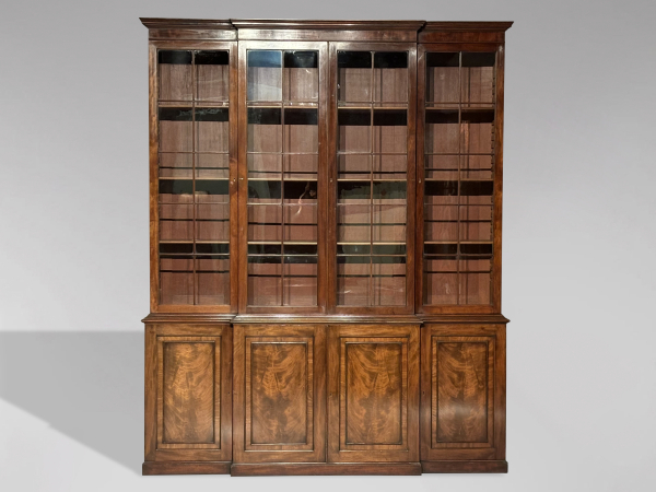 SOLD/19TH CENTURY REGENCY PERIOD 4-DOOR BREAKFRONT LIBRARY BOOKCASE, C
