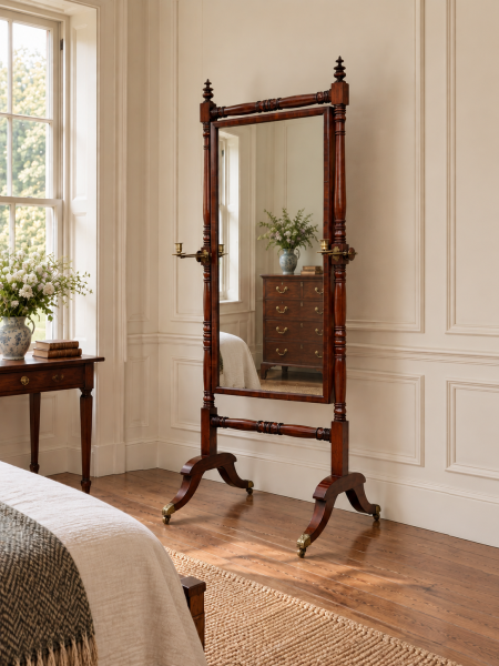EARLY 19TH CENTURY REGENCY PERIOD MAHOGANY CHEVAL MIRROR, C1820