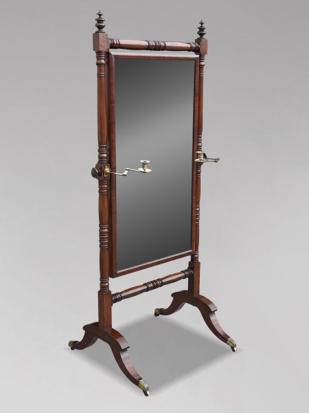 EARLY 19TH CENTURY REGENCY PERIOD MAHOGANY CHEVAL MIRROR, C1820