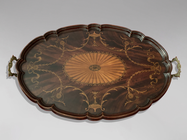SOLD/EDWARDIAN PERIOD MARQUETRY INLAID SHAPED OVAL TRAY