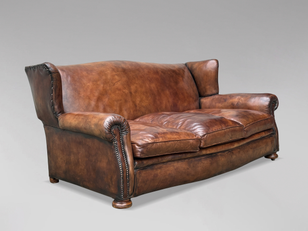 SOLD/19TH CENTURY THREE SEATER TAN LEATHER SOFA, C1880