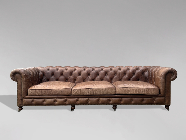 SOLD/LARGE QUALITY ANTIQUE BROWN LEATHER 3-SEATER CHESTERFIELD SOFA