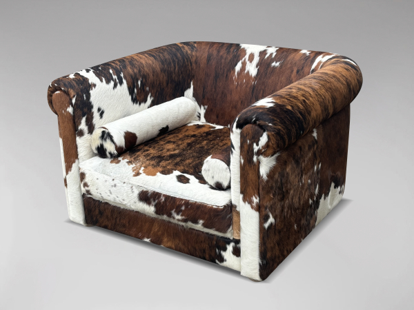 OVERSIZED ITALIAN BROWN & WHITE COW FUR LEATHER LOUNGE ARMCHAIR, C