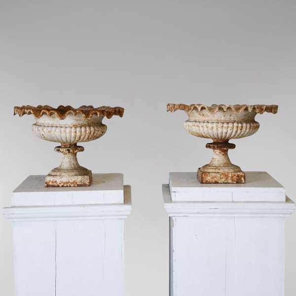 SOLD/PAIR OF 19TH CENTURY ENGLISH CAST IRON TAZZA URNS OR PLANTERS