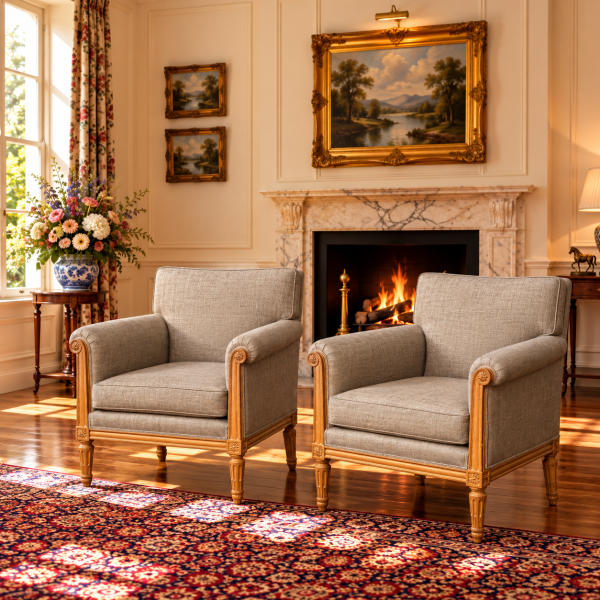 PAIR OF 19TH CENTURY FRENCH LOUIS XVI UPHOLSTERED ARMCHAIRS, C1880