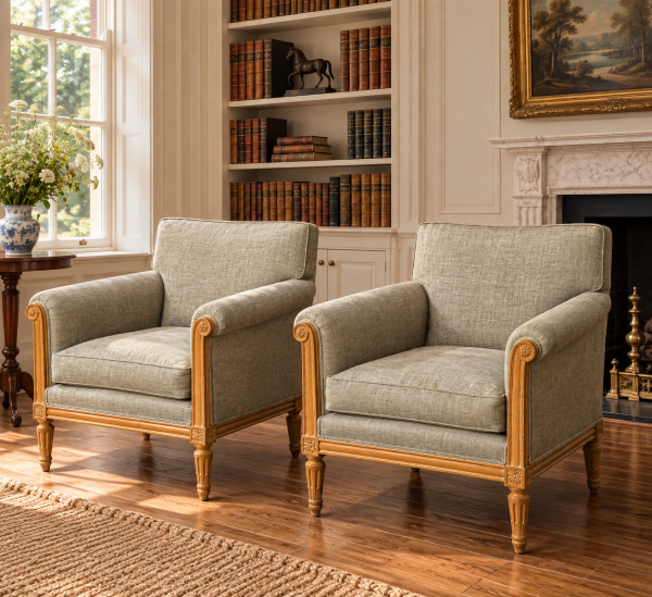 PAIR OF 19TH CENTURY FRENCH LOUIS XVI UPHOLSTERED ARMCHAIRS, C1880