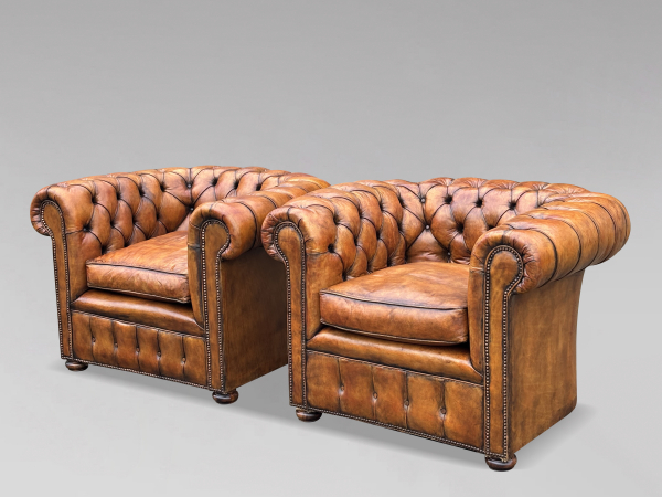 SOLD/PAIR OF 19TH CENTURY LEATHER CHESTERFIELD CLUB ARMCHAIRS