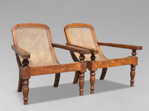 PAIR OF 20TH CENTURY LARGE TEAK & CANE COLONIAL PLANTERS CHAIRS