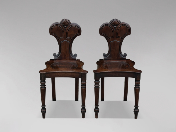 SOLD/PAIR OF EARLY 19TH CENTURY REGENCY PERIOD MAHOGANY HALL CHAIRS