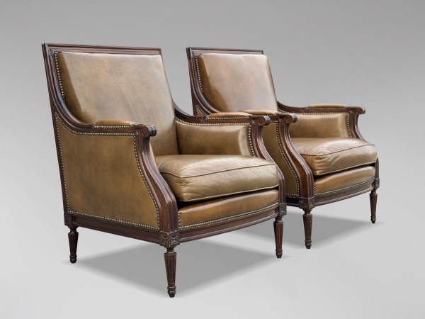 SOLD/PAIR OF EDWARDIAN PERIOD MAHOGANY LEATHER CLUB ARMCHAIRS, C1910